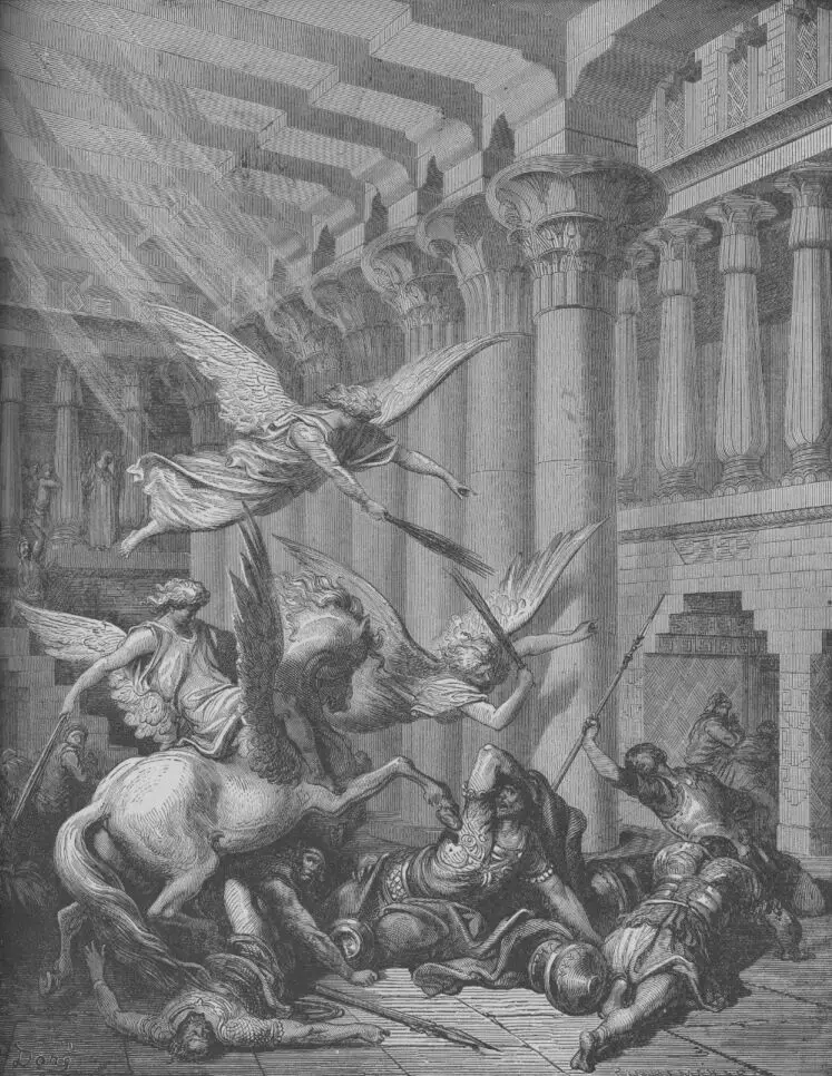 Gravura de Gustave Doré: Heliodoro castigado no templo, cena de 2 Macabeus 3